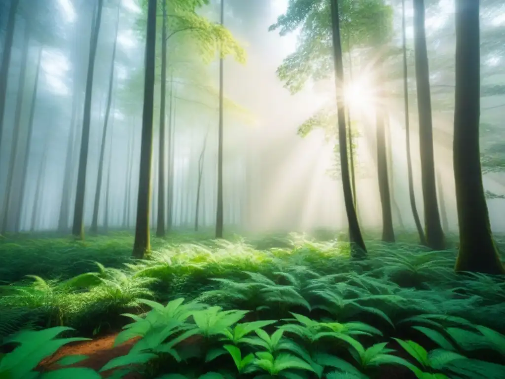 Un bosque verde exuberante con luz solar filtrándose a través del dosel, creando sombras moteadas en el suelo del bosque