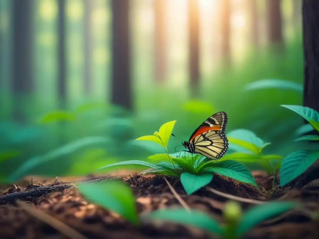 Un bosque verde exuberante con luz solar filtrándose a través del dosel, creando un efecto moteado en el suelo