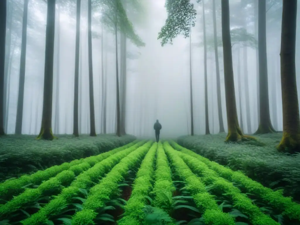 Un bosque verde exuberante con versos poéticos entre ramas y hojas, simbolizando la armonía entre poesía y naturaleza en proyectos educativos