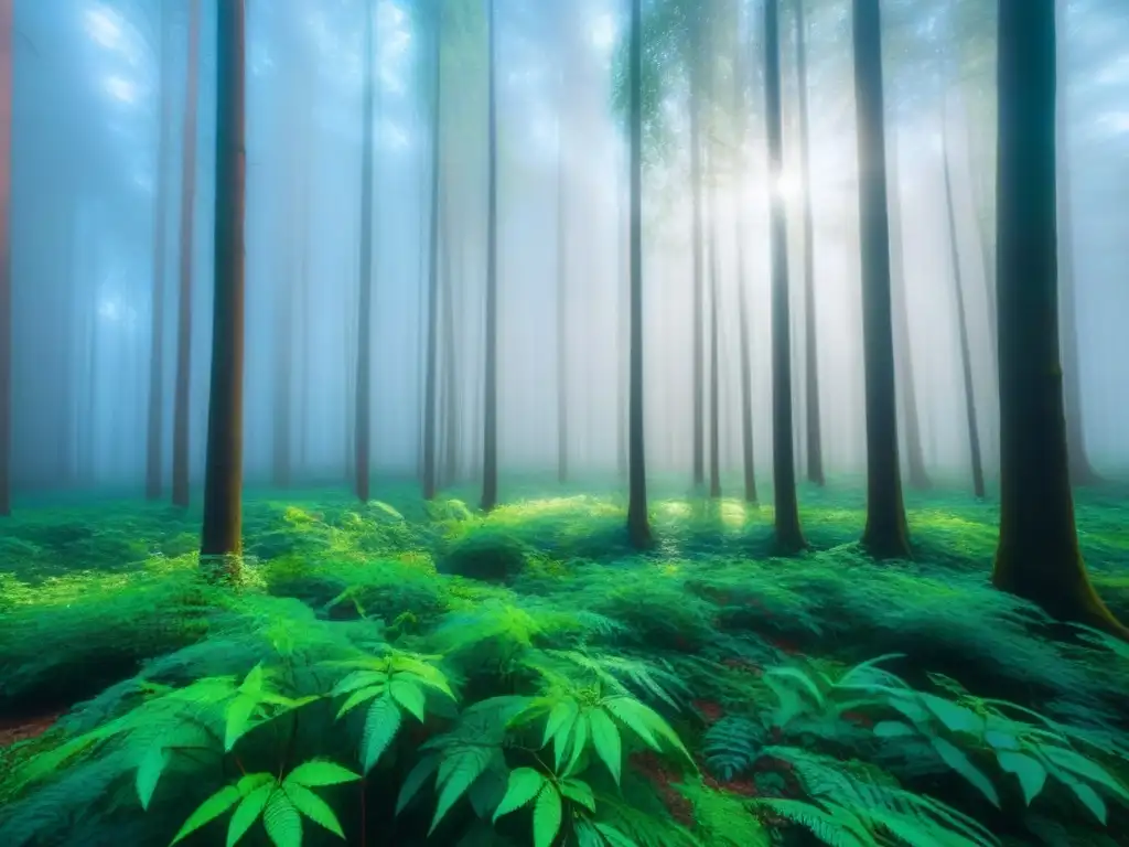 Un bosque verde vibrante con árboles altos y delgados que alcanzan el cielo azul