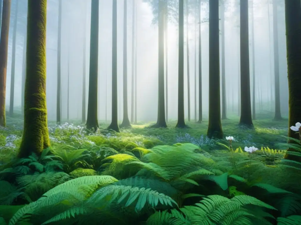 Un bosque verde vibrante con detalles intrincados, reflejando un ecosistema diverso en armonía