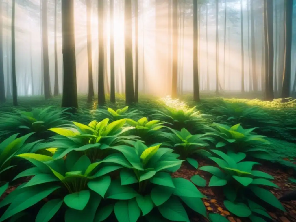 Un bosque verde vibrante iluminado por el sol, creando sombras intrincadas