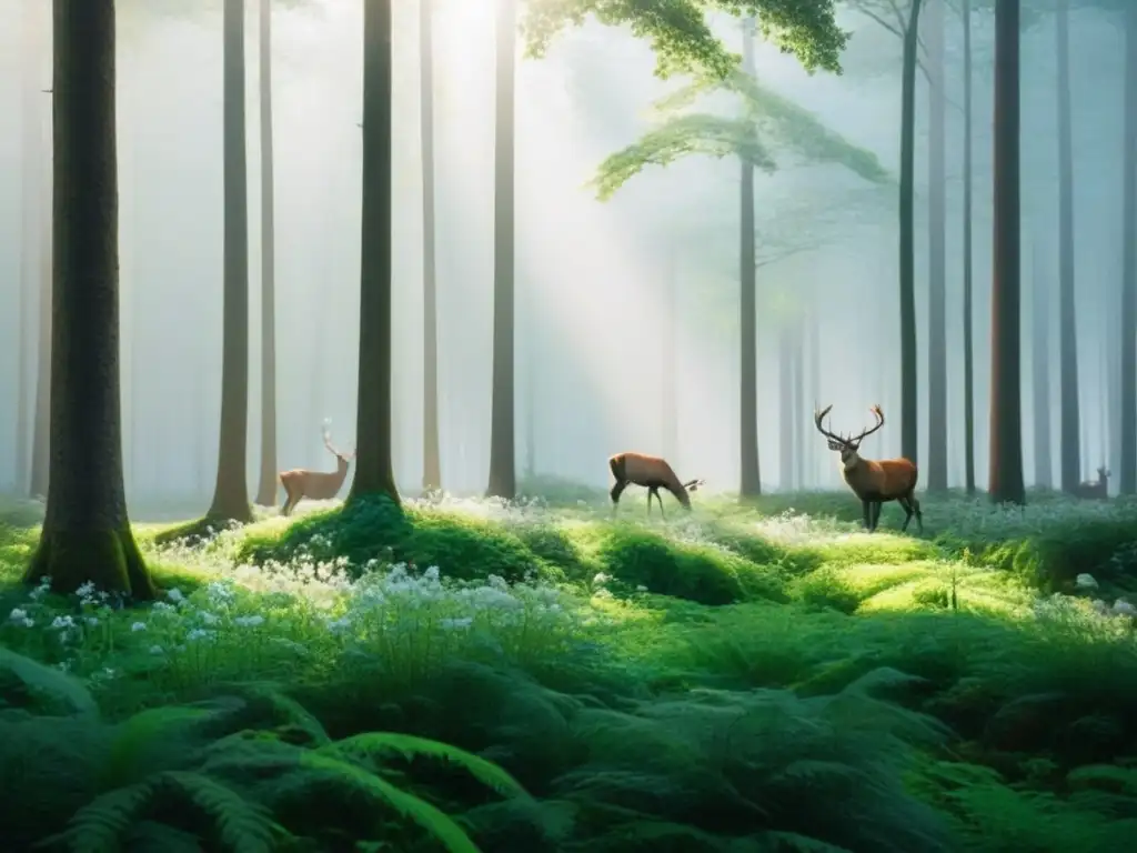 Un bosque vibrante con diversa vida silvestre en armonía
