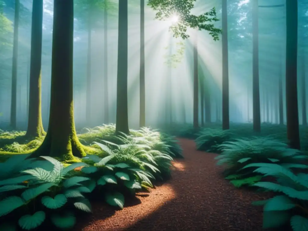 Un bosque vibrante con luz filtrada a través del dosel, creando sombras en el suelo