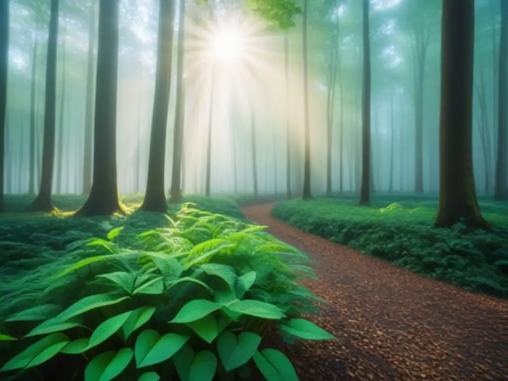 Un bosque vibrante con luz solar entre hojas, creando patrones en el suelo