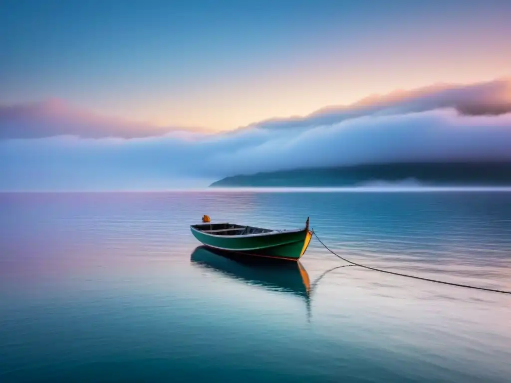 Un bote solitario a la deriva en un mar tranquilo al amanecer, reflejando colores pastel, transmitiendo tranquilidad y profundidad emocional