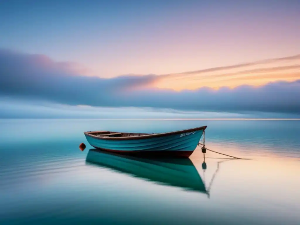 Un bote solitario flota sereno en un mar vasto y tranquilo, reflejándose en el agua