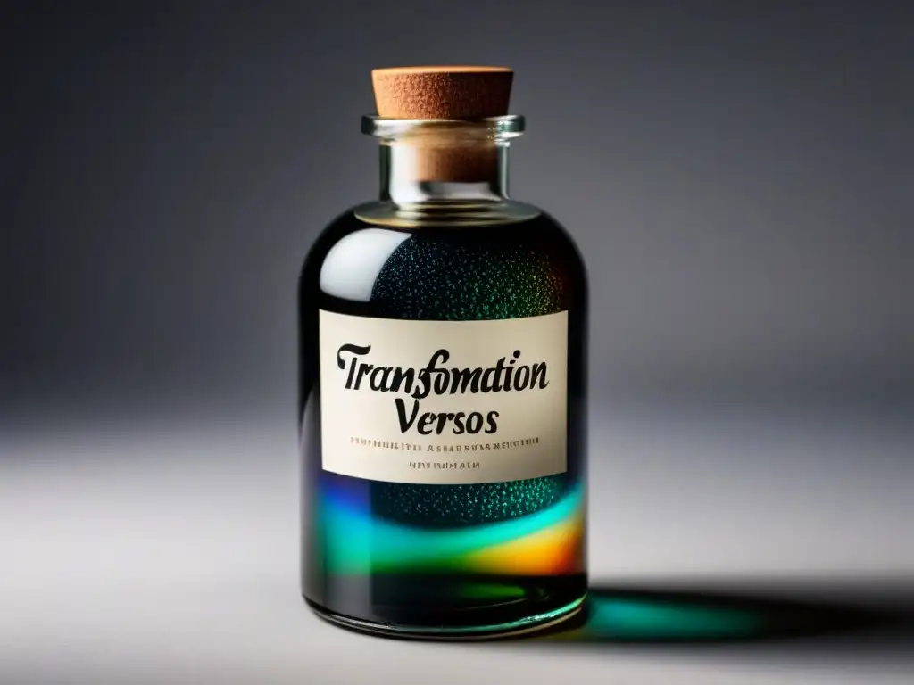 Botella de tinta: Transformación de Versos vibrantes Botella de tinta con colores vibrantes y etiqueta 'Transformación de Versos', en fondo blanco