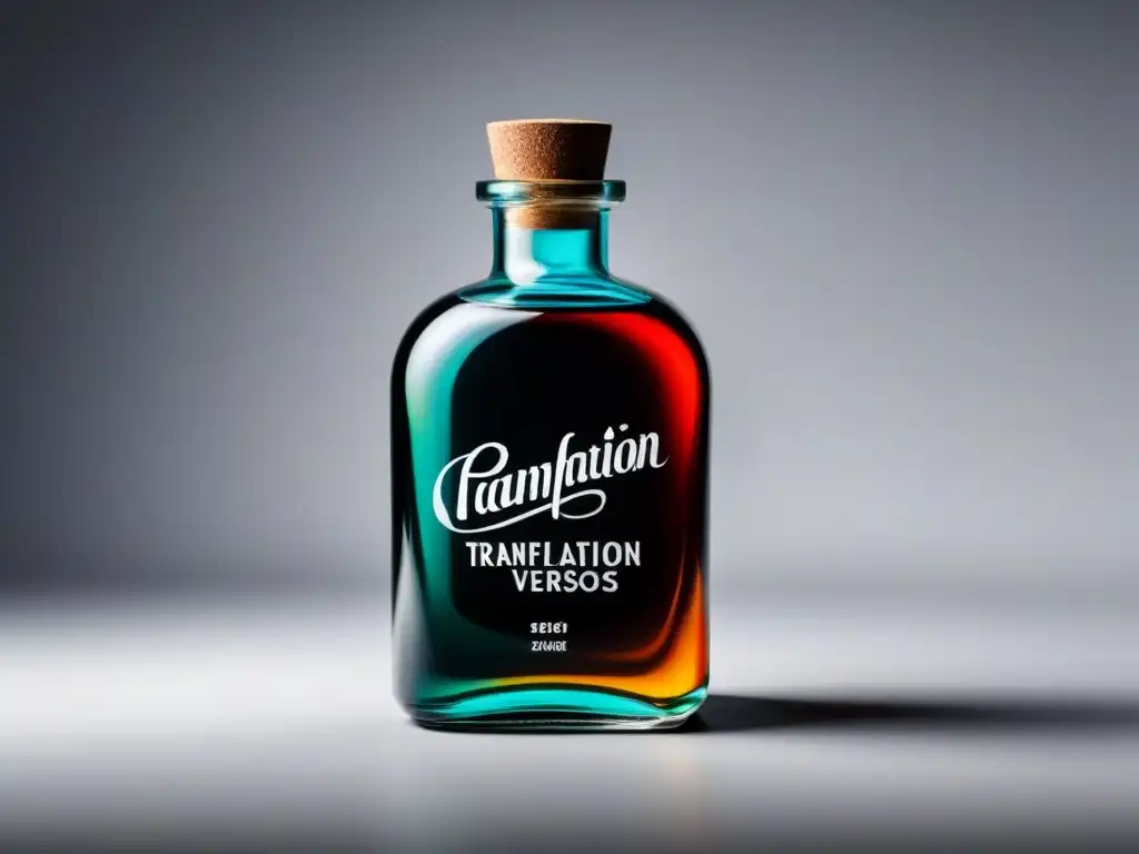 Transformación poética: tinta y colores fusionados Una botella de tinta con colores vibrantes y elegante caligrafía que lee 'Transformación de versos con tintas' sobre fondo blanco