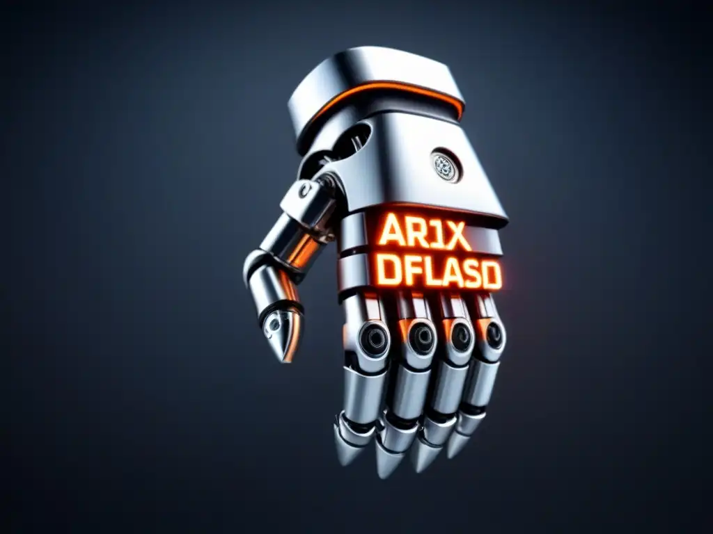 Un brazo robótico plateado teje palabras brillantes en distintos idiomas sobre un fondo futurista oscuro, poesía lírica transformadora de palabras