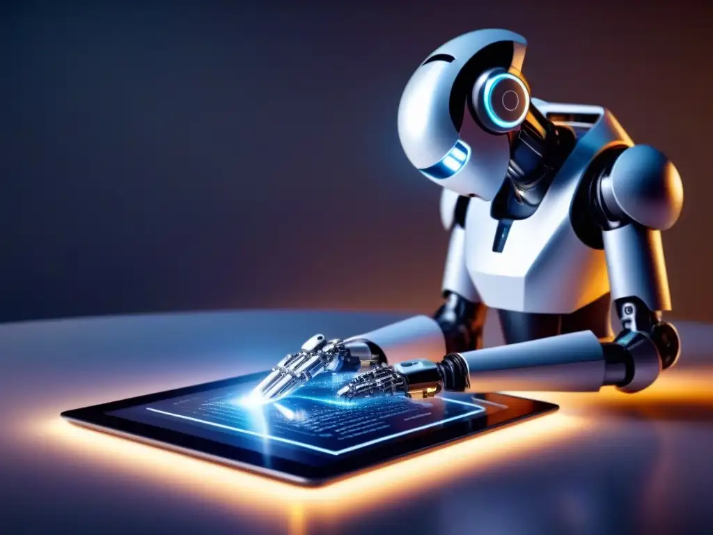 Brazo robótico AI creando poesía en tableta digital