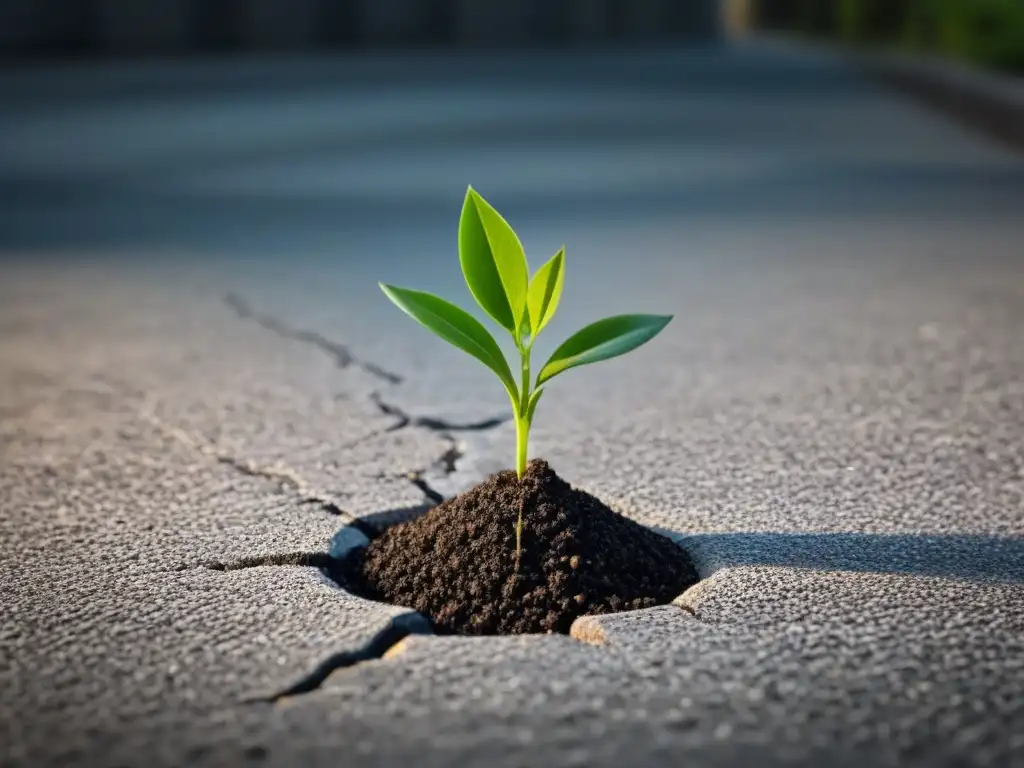 Un brote emerge de concreto agrietado, simbolizando crecimiento y la ecoconciencia a través de la poesía