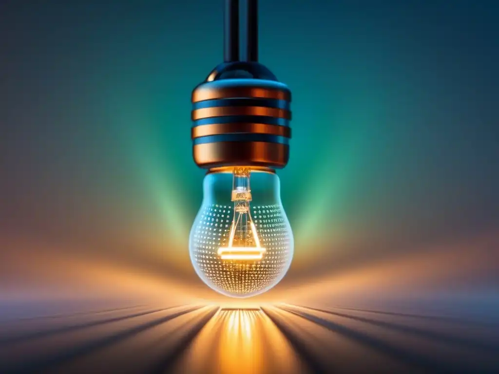 Creatividad digital: fusión de tecnología y arte Un bulbo de luz brillante rodeado de código binario, fusionando tecnología y creatividad en la era digital en Plataformas inspiración poética online