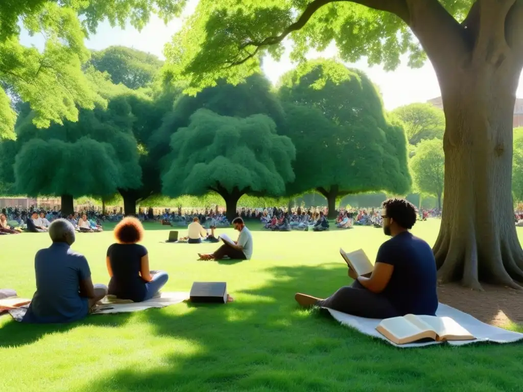 Un cálido encuentro de poesía al aire libre, con un grupo diverso de personas escuchando atentamente bajo un árbol en un parque verde exuberante