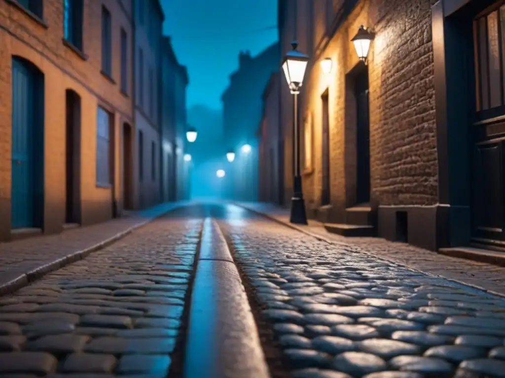 Una callejuela sombría de noche iluminada por una solitaria farola, donde figuras misteriosas se asoman en las sombras