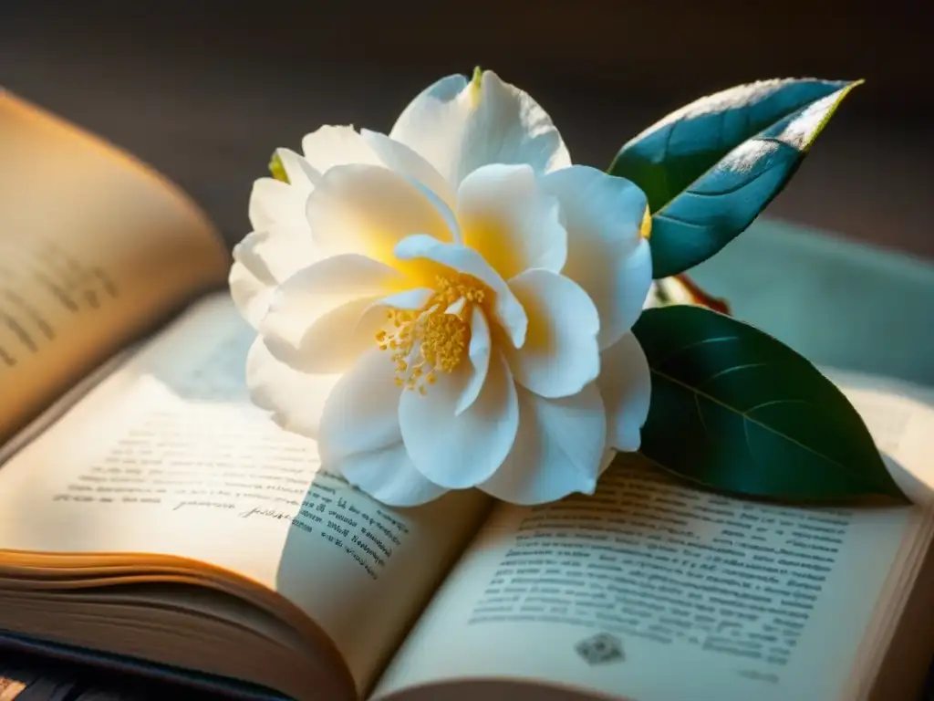 Camelia blanca sobre poemas antiguos: belleza poética Una camelia blanca sobre páginas de poesía antigua iluminada por luz natural, evocando el realismo poético de Rosalía de Castro