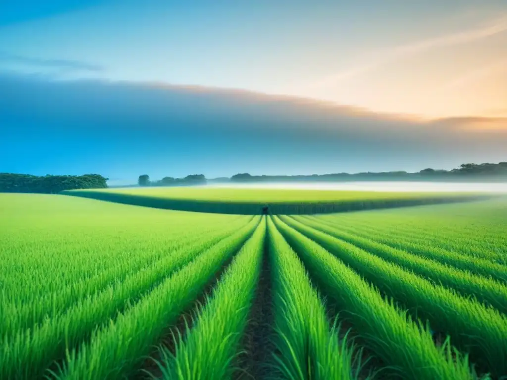 Un campo extenso y verdoso con una figura solitaria bajo el cielo azul y el sol poniéndose en el horizonte