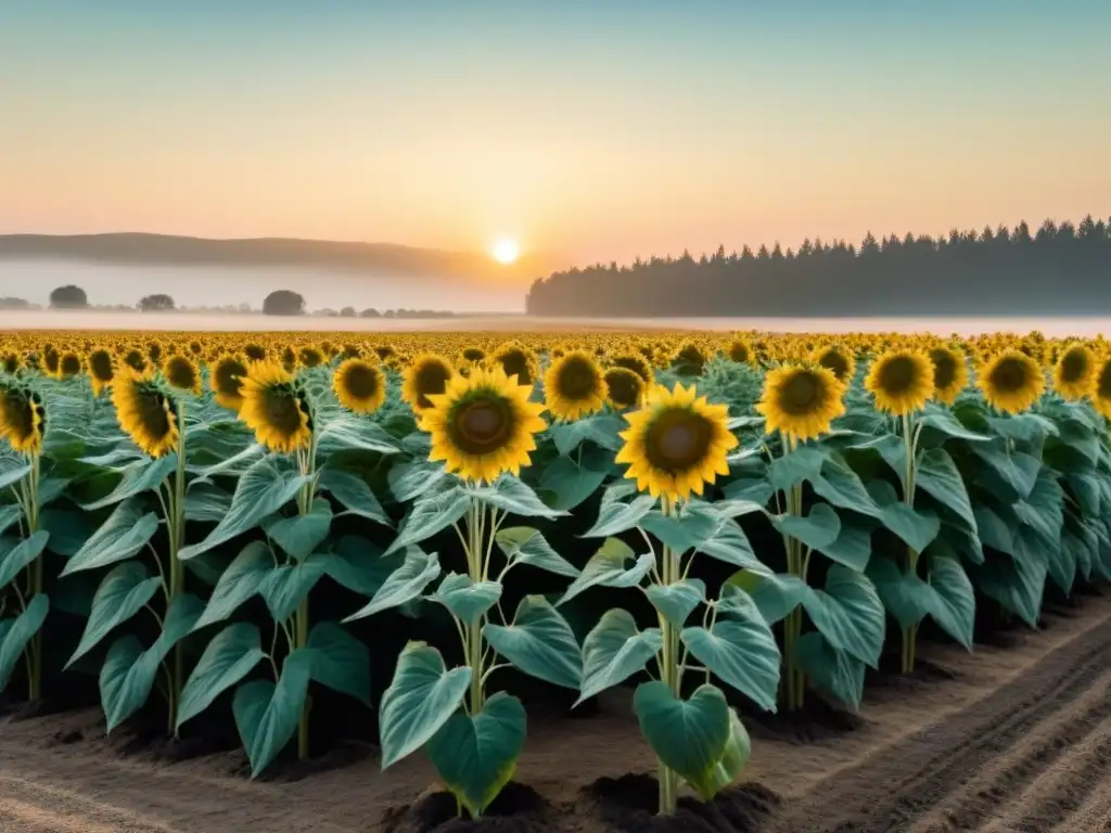 Un campo de girasoles al atardecer, detalle meticuloso de cada pétalo y semilla