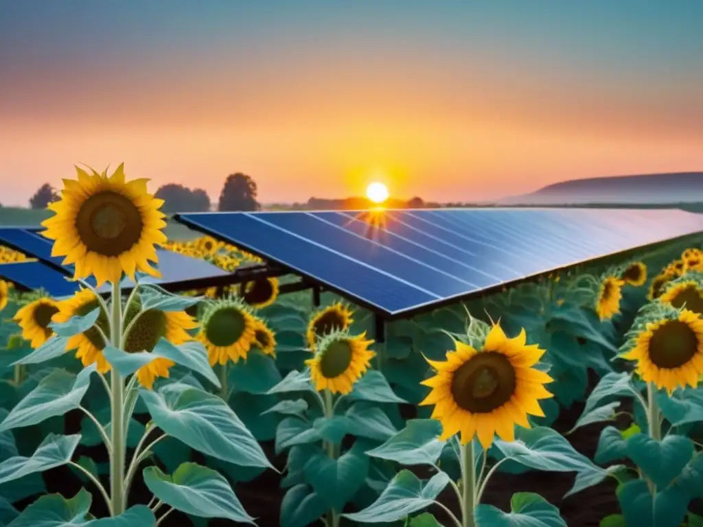 Un campo de girasoles iluminado por un panel solar al atardecer