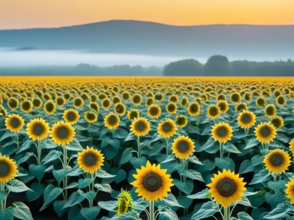 Un campo de girasoles al amanecer, con pétalos como paneles solares reflejando la luz en un patrón simétrico