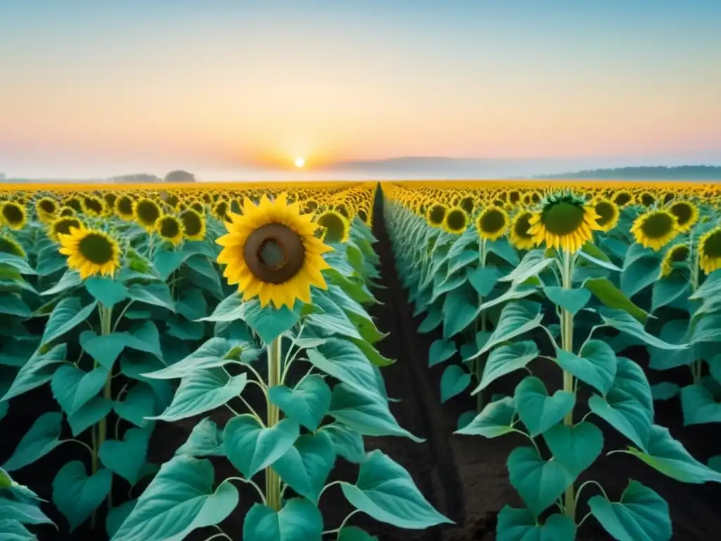 Un campo de girasoles radiantes bajo el cielo azul, reflejando la poesía lírica de la energía renovable transformadora