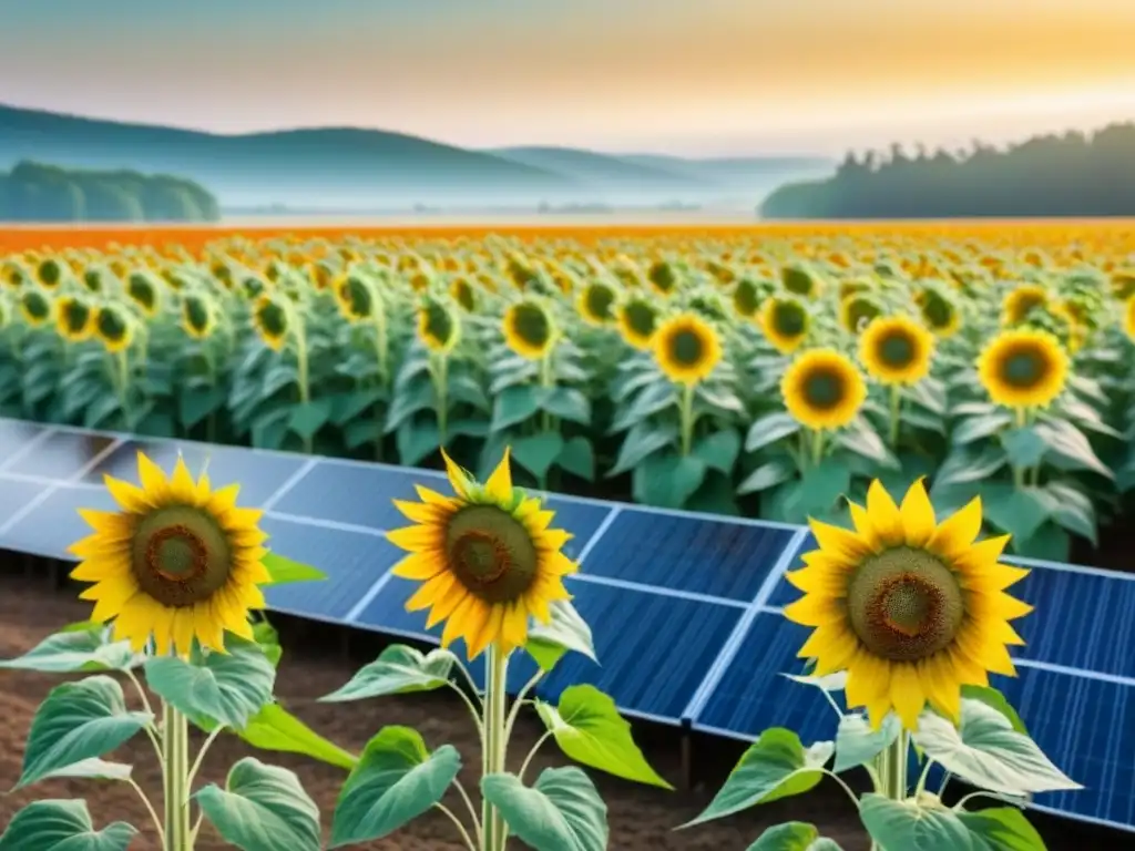 Un campo de girasoles vibrante con paneles solares integrados, simbolizando la poesía lírica de la energía renovable transformadora