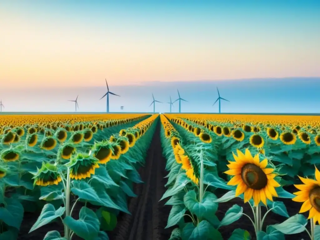 Un campo de girasoles vibrantes se extiende hacia el horizonte bajo un cielo azul, con un moderno aerogenerador integrado sutilmente, simbolizando la armoniosa relación entre la naturaleza, la poesía y la energía renovable