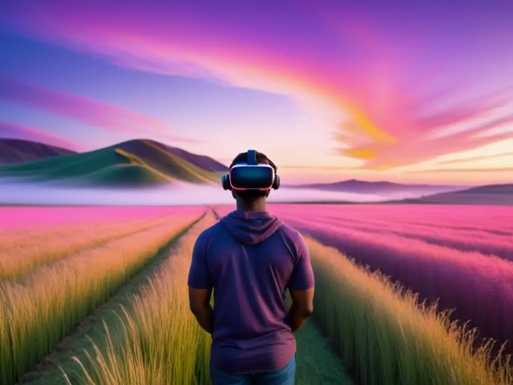 Un campo vasto al atardecer en Realidad Virtual en poesía: serenidad y fusión tecnológica con la naturaleza