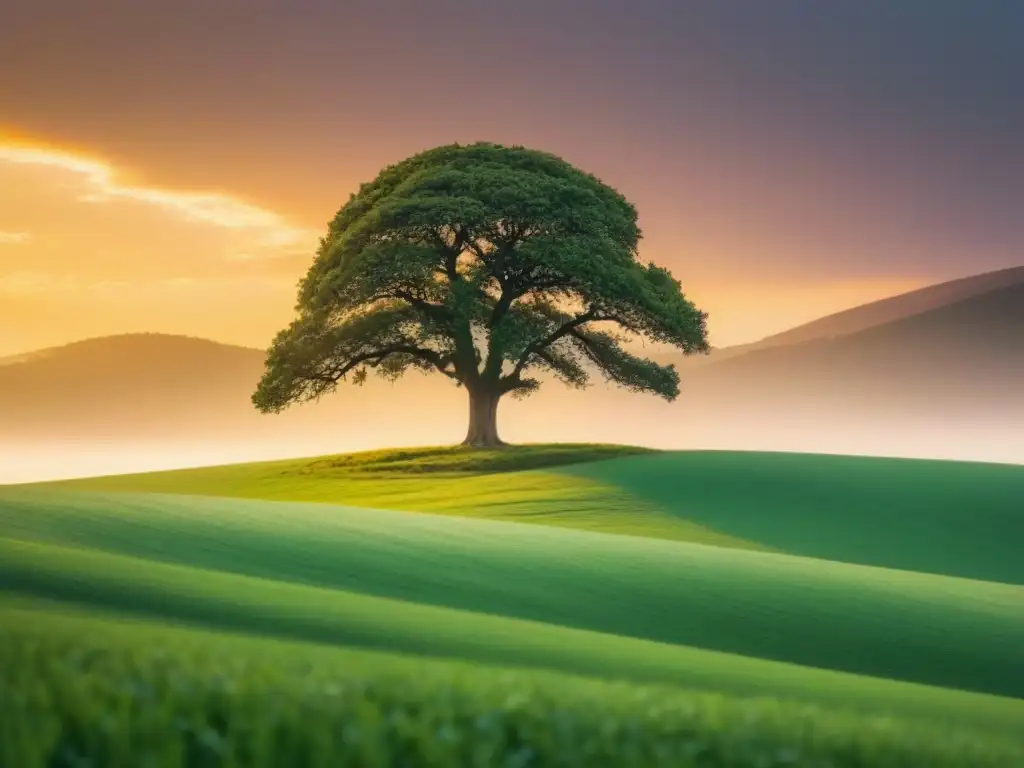 Un campo vasto y sereno con un árbol solitario bajo un cielo pastel