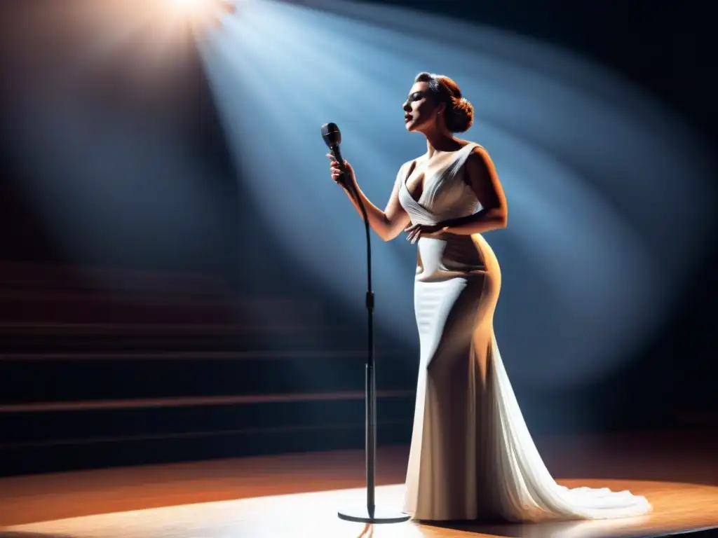 Un cantante de ópera moderno en escena, transmitiendo intensa emoción con luces dramáticas