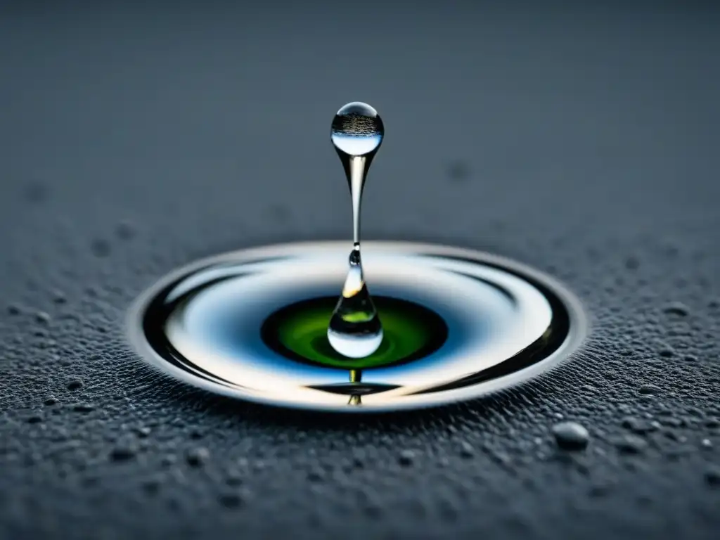 Captura del momento en poesía: una gota suspendida en el aire, a punto de impactar en una superficie reflectante en blanco y negro