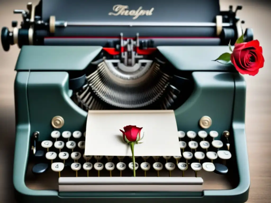 Captura del momento en poesía: una rosa roja sobre una máquina de escribir, simbolizando la inspiración creativa