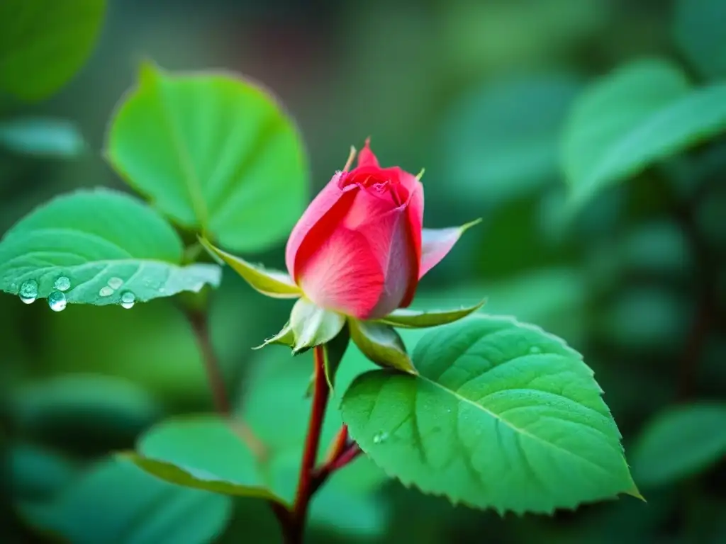 Un capullo de rosa en el jardín, con rocío brillante, reflejando la transformación a través de la poesía