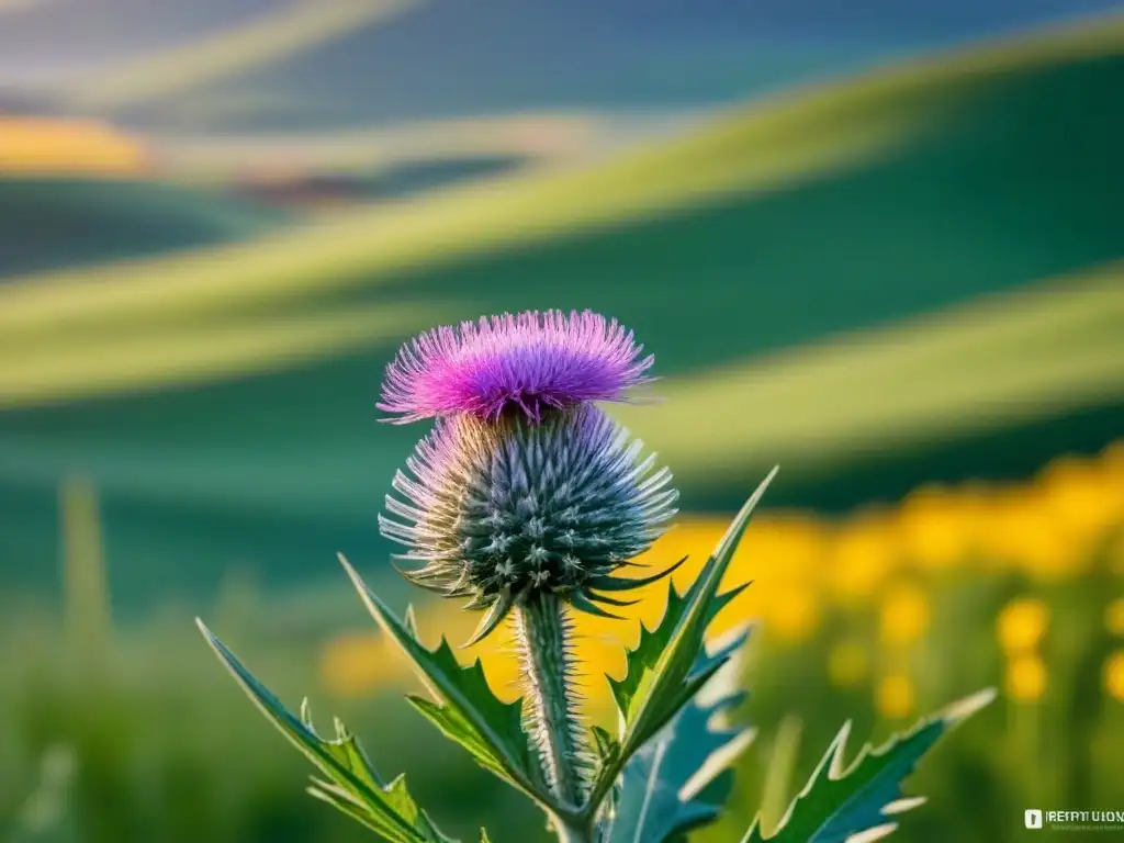 Un cardo solitario floreciendo en las colinas verdes al atardecer, símbolo del legado de Robert Burns, poeta de Escocia