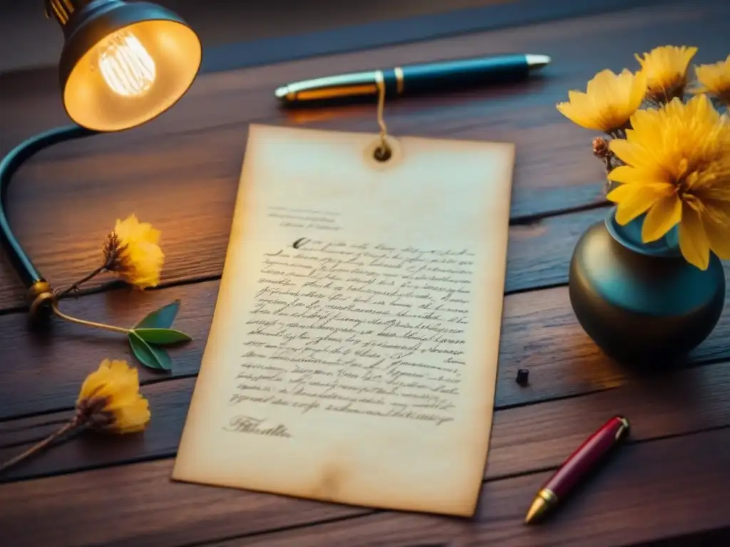 Carta escrita a mano en pergamino envejecido, sellada con cera y sello vintage, sobre un escritorio de madera junto a pluma y flores secas