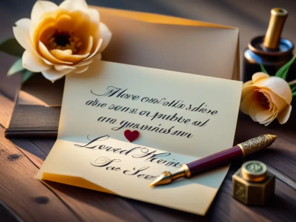 Poesía epistolar: quill pen sobre cartas amarillentas selladas, detalle íntimo de escritura a mano en madera