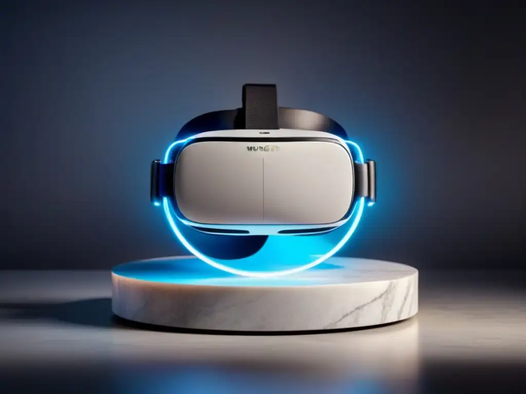 Un casco de realidad virtual futurista reposa sobre un pedestal de mármol, iluminado por una luz etérea