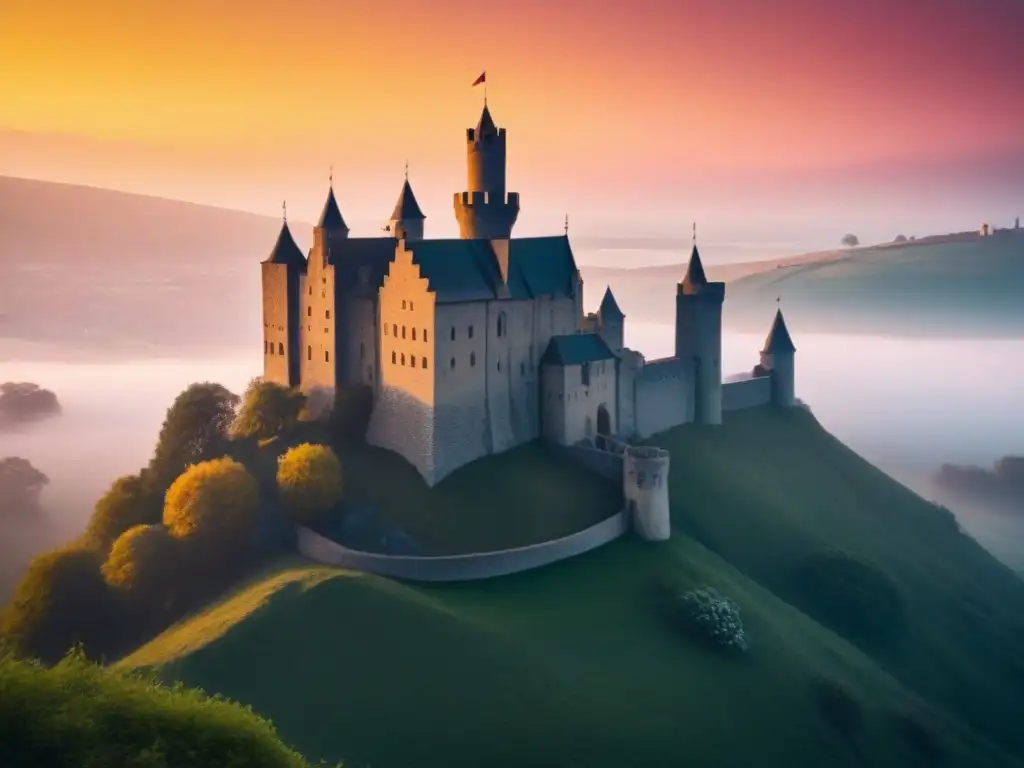 Castillo medieval al atardecer: poesía en piedra Un castillo medieval iluminado por la puesta de sol, evocando la poesía corte anglonormanda de Marie de France