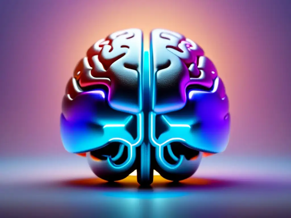 Un cerebro AI metálico y sereno, con circuitos intrincados y luz etérea