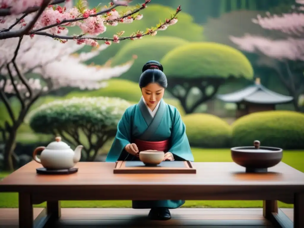 Una ceremonia del té japonesa en un jardín tranquilo, con un juego de té artesanal rodeado de cerezos en flor