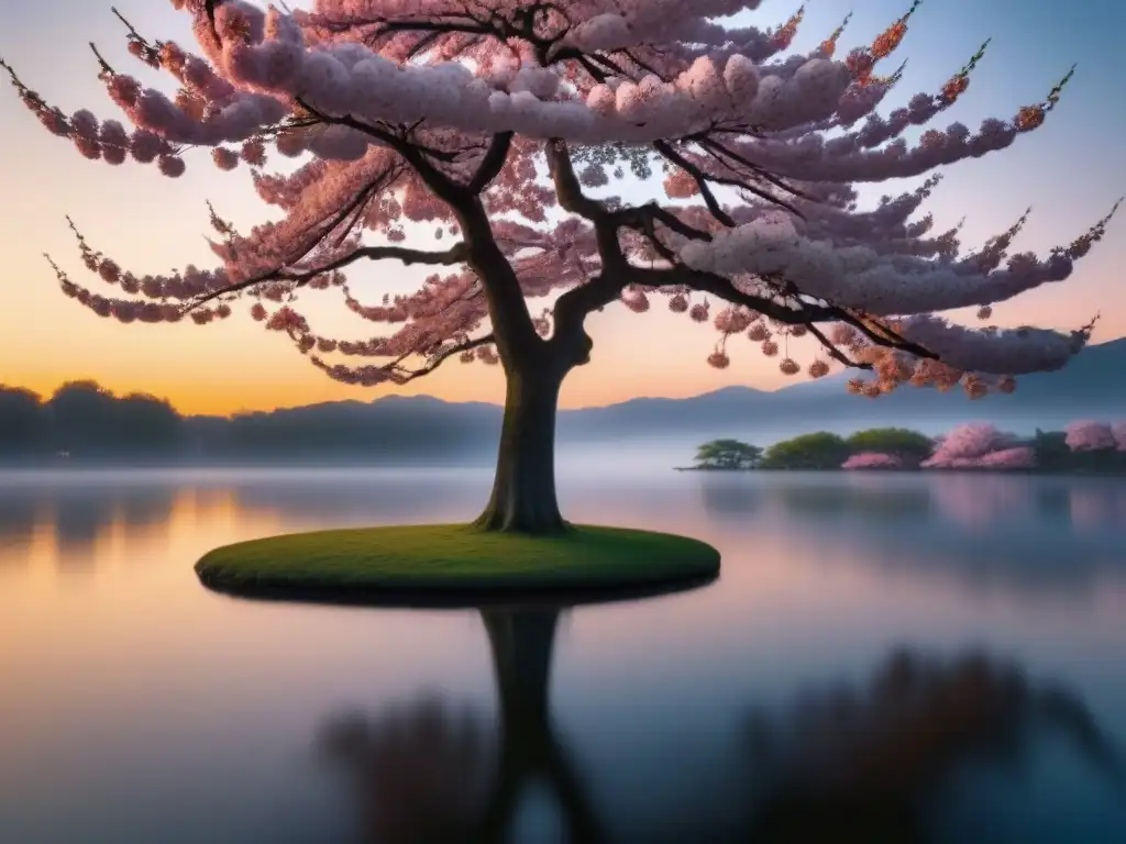 Un cerezo en flor solitario junto a un lago tranquilo al atardecer, captura la esencia de la poesía asiática moderna política sociedad