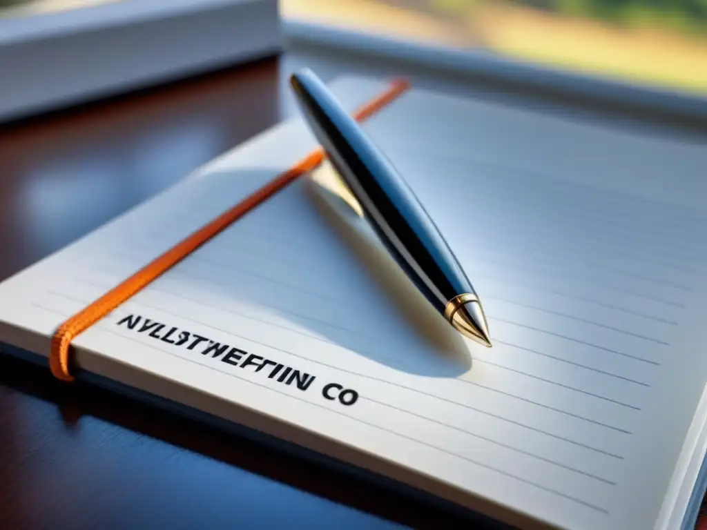 Elegante pluma sobre cuaderno blanco Certificaciones escritura creativa autores emergentes: Un bolígrafo moderno sobre un cuaderno blanco, iluminación suave y sombras delicadas