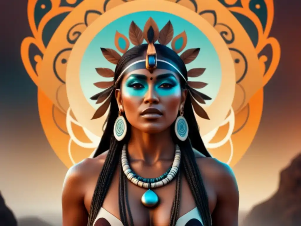 Ilustración impactante de chamán indígena con sabiduría ancestral Un chamán indígena rodeado de patrones y símbolos, emanando sabiduría y poder espiritual en tonos terrosos