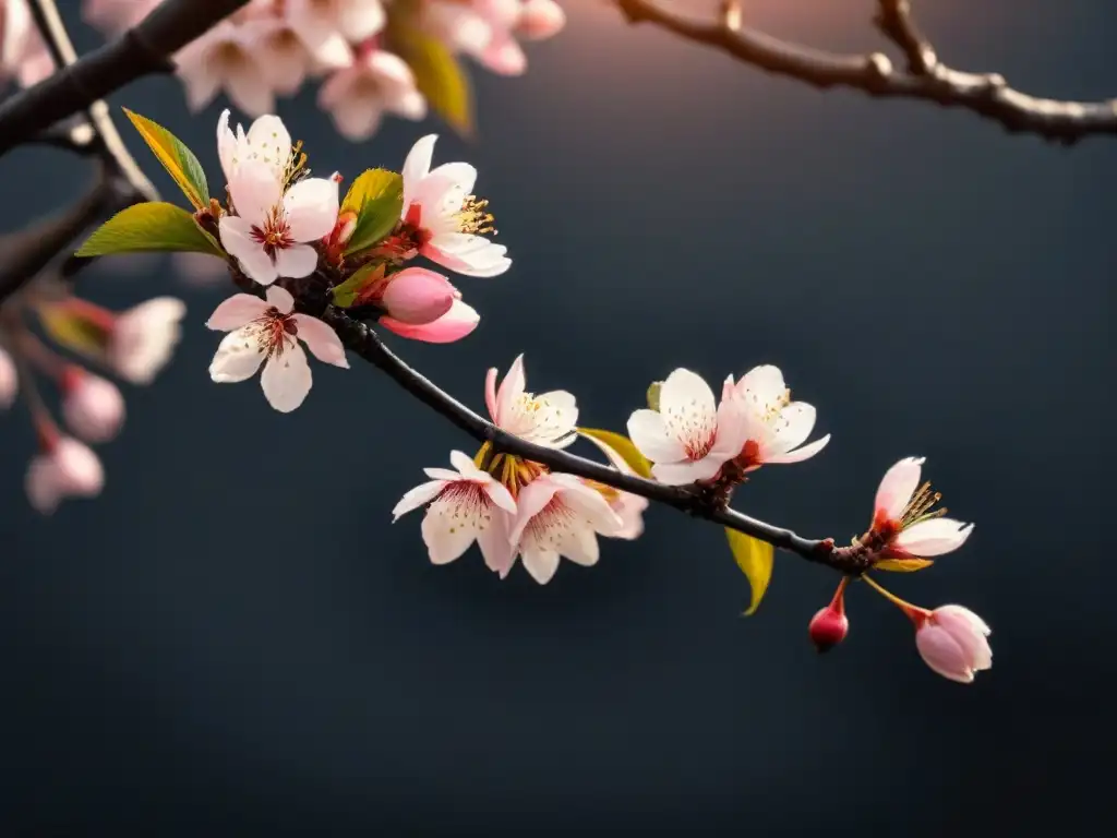 Poesía china moderna redefiniendo tradiciones: Un cerezo en flor solitario, sus delicados pétalos rosados contrastan con un fondo negro