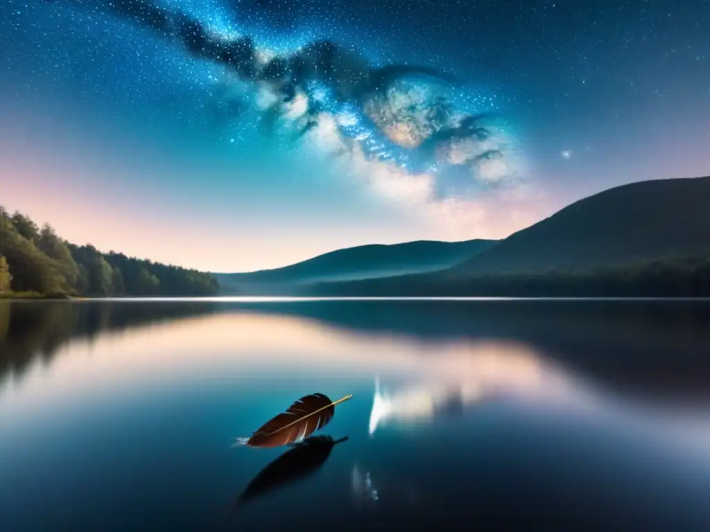 Un cielo estrellado se refleja en un lago, con una pluma flotando