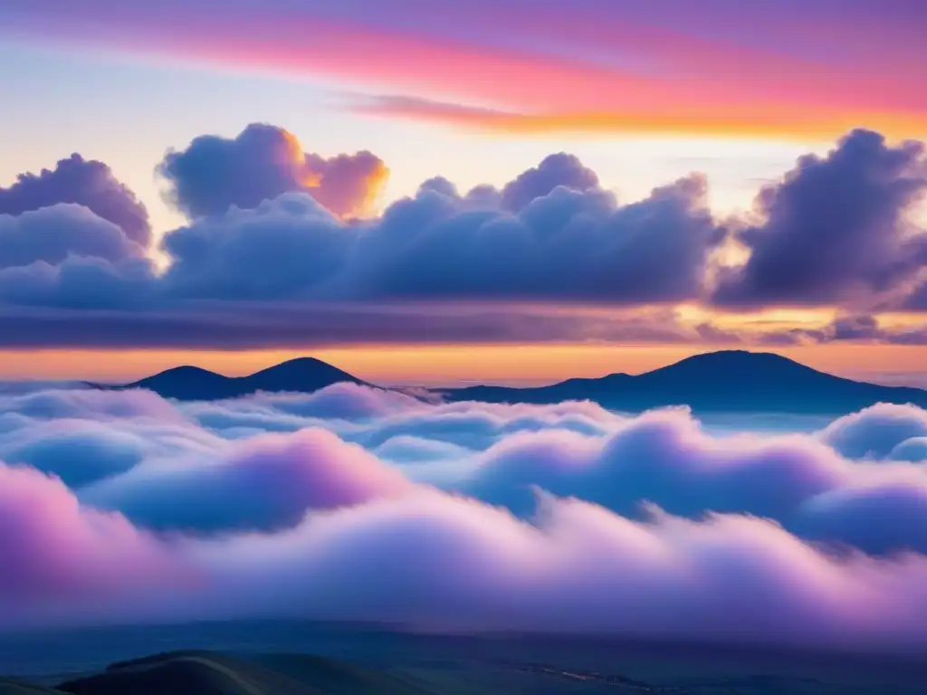 Un cielo poético lleno de nubes pastel iluminadas en tonos cálidos, creando una atmósfera de tranquilidad