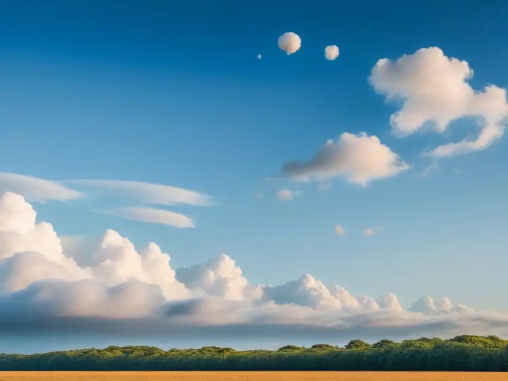 Un cielo poético: nubes de algodón en un horizonte vasto y sereno, con un pájaro solitario surcando el aire