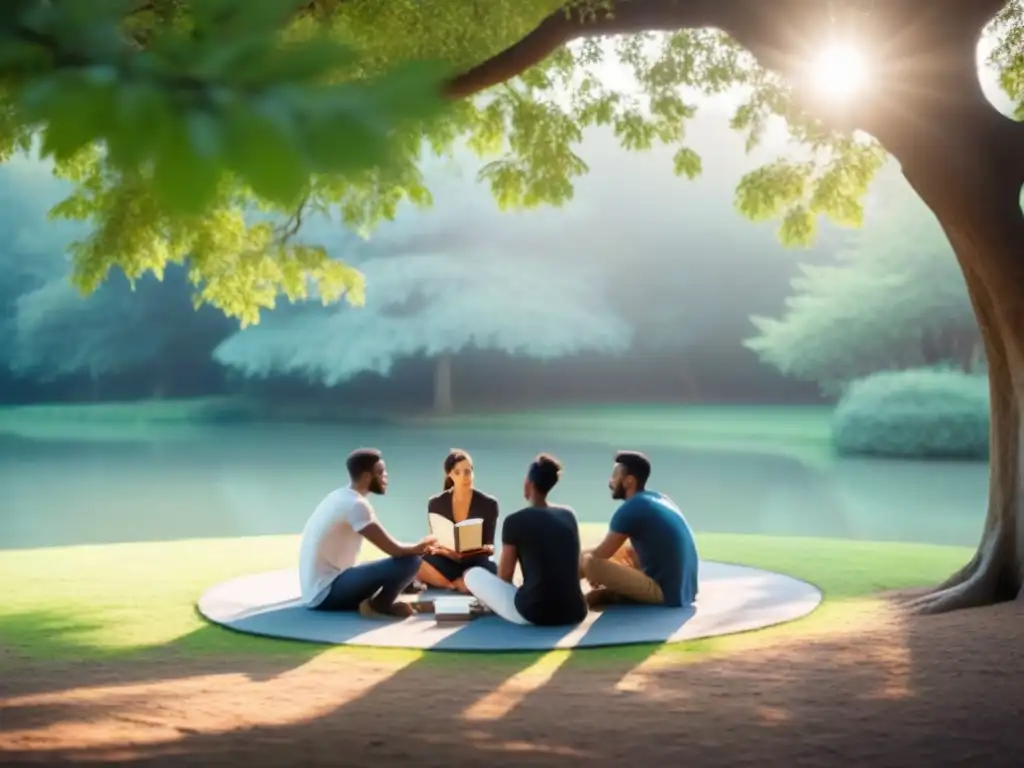 Un círculo de amigos bajo un árbol, compartiendo un momento de conexión en un retiro poético con amigos