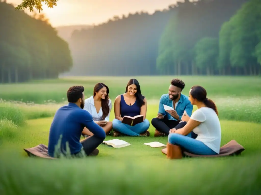 Un círculo de amigos en un prado verde leyendo poesía al atardecer