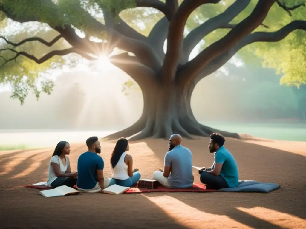 Un círculo de diversidad bajo un árbol, libros y música